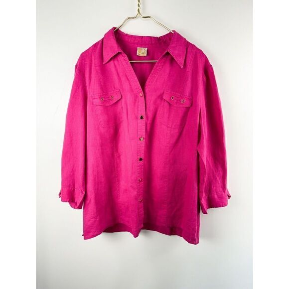 JM Collection Linen Gold Button Shirt Top Women’s Sz XL Roll Tab Sleeve Pink - Picture 1 of 7